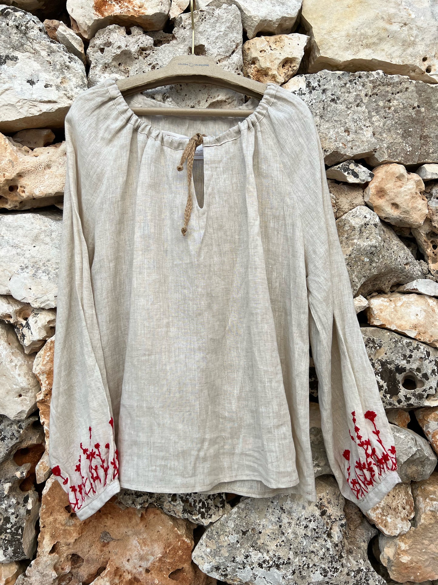 Shirt - Linen blouse red embroidered