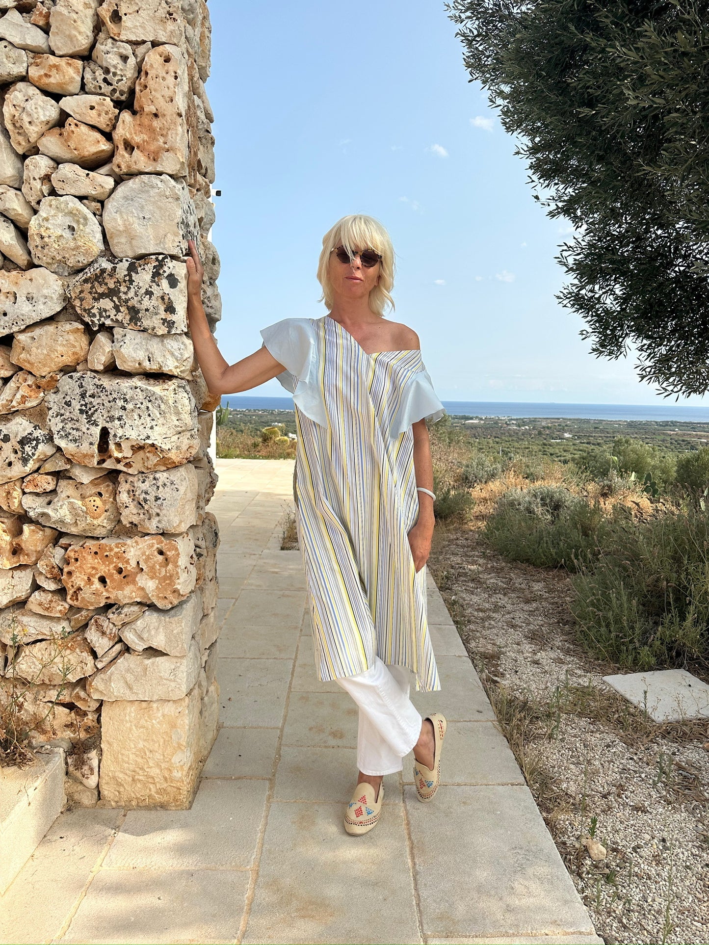 Dress - FARFALLE - Yellow & Blue/Grey Stripes