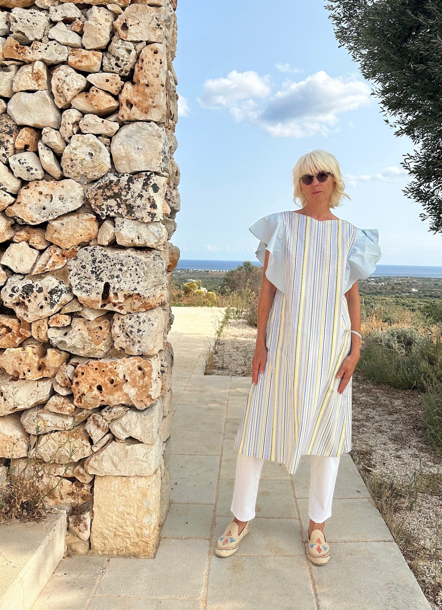 Dress - FARFALLE - Yellow & Blue/Grey Stripes