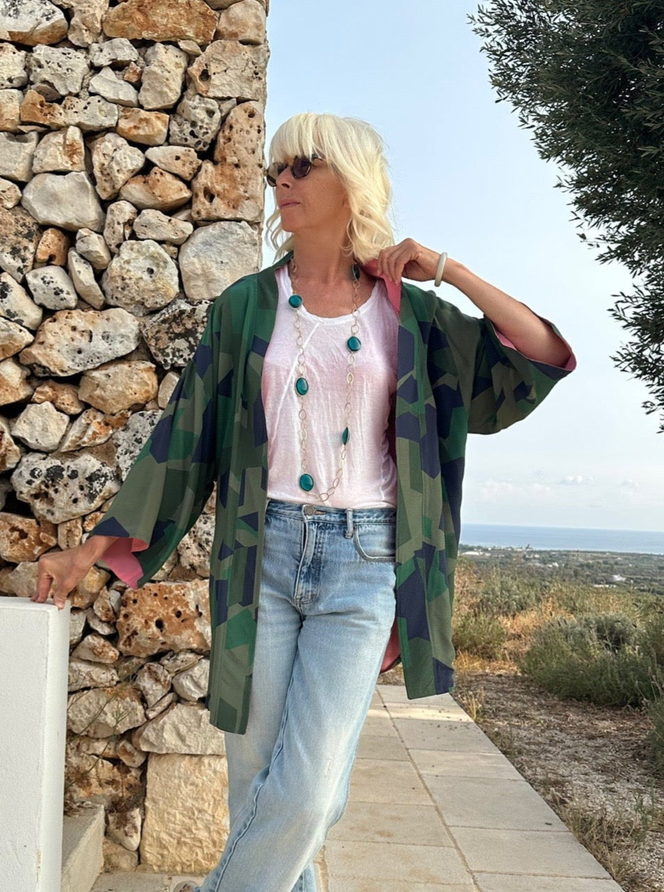 Kimono - Green Camouflage inside Pink