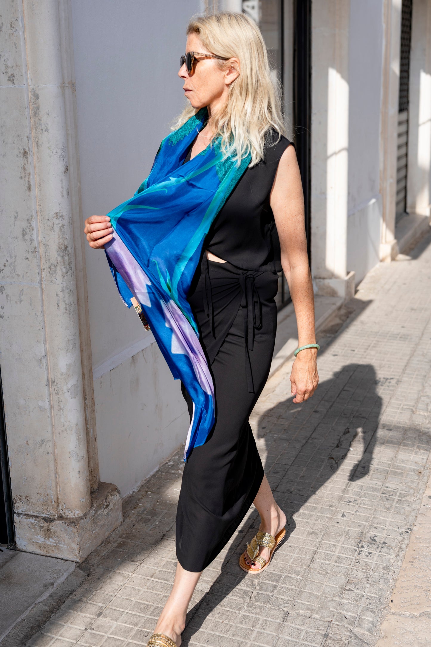 Scarf - Silk Scarf Blue Flower