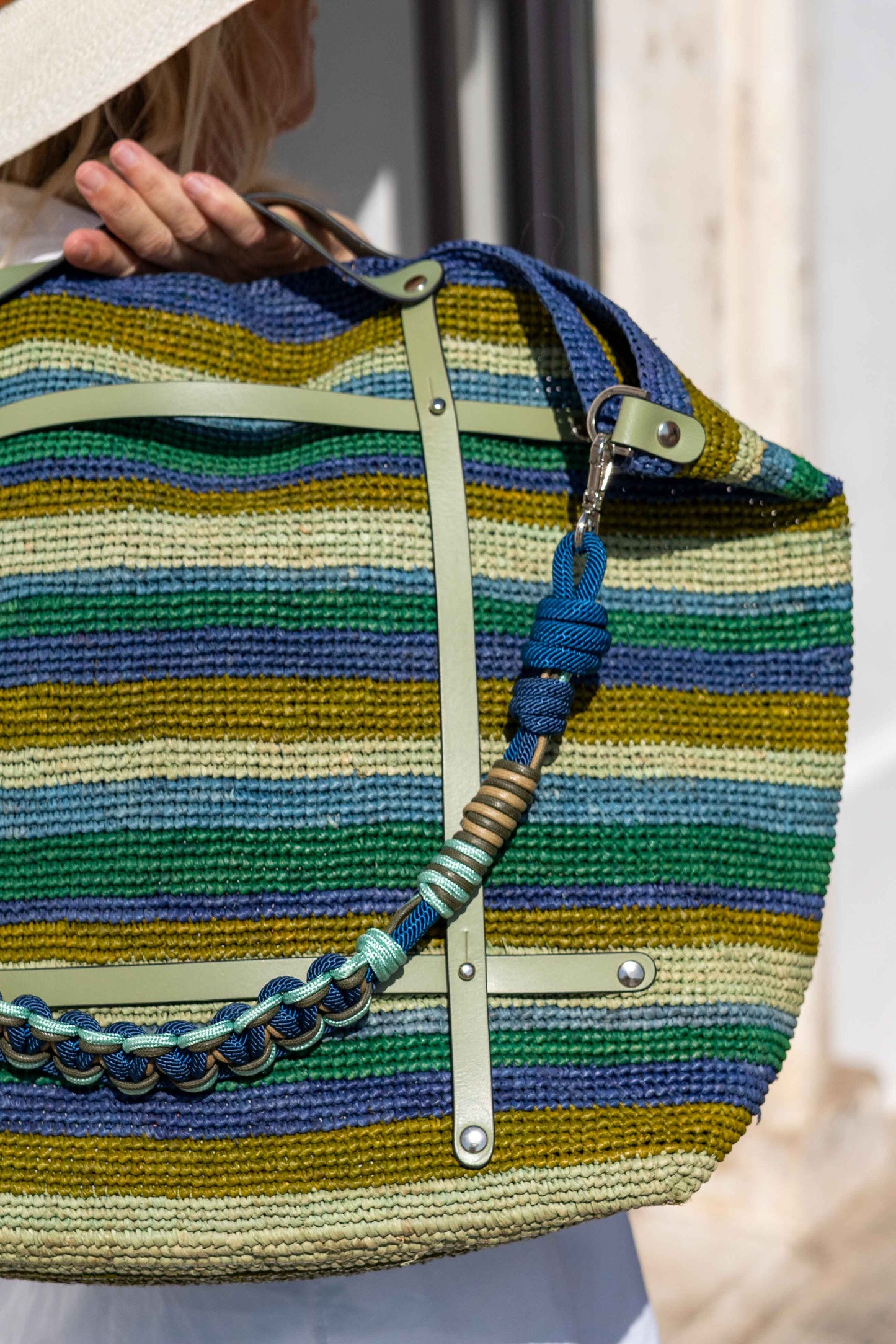 Sac - Sac CANDIDE TD Blu en raphia avec bandoulière en coton multicolore