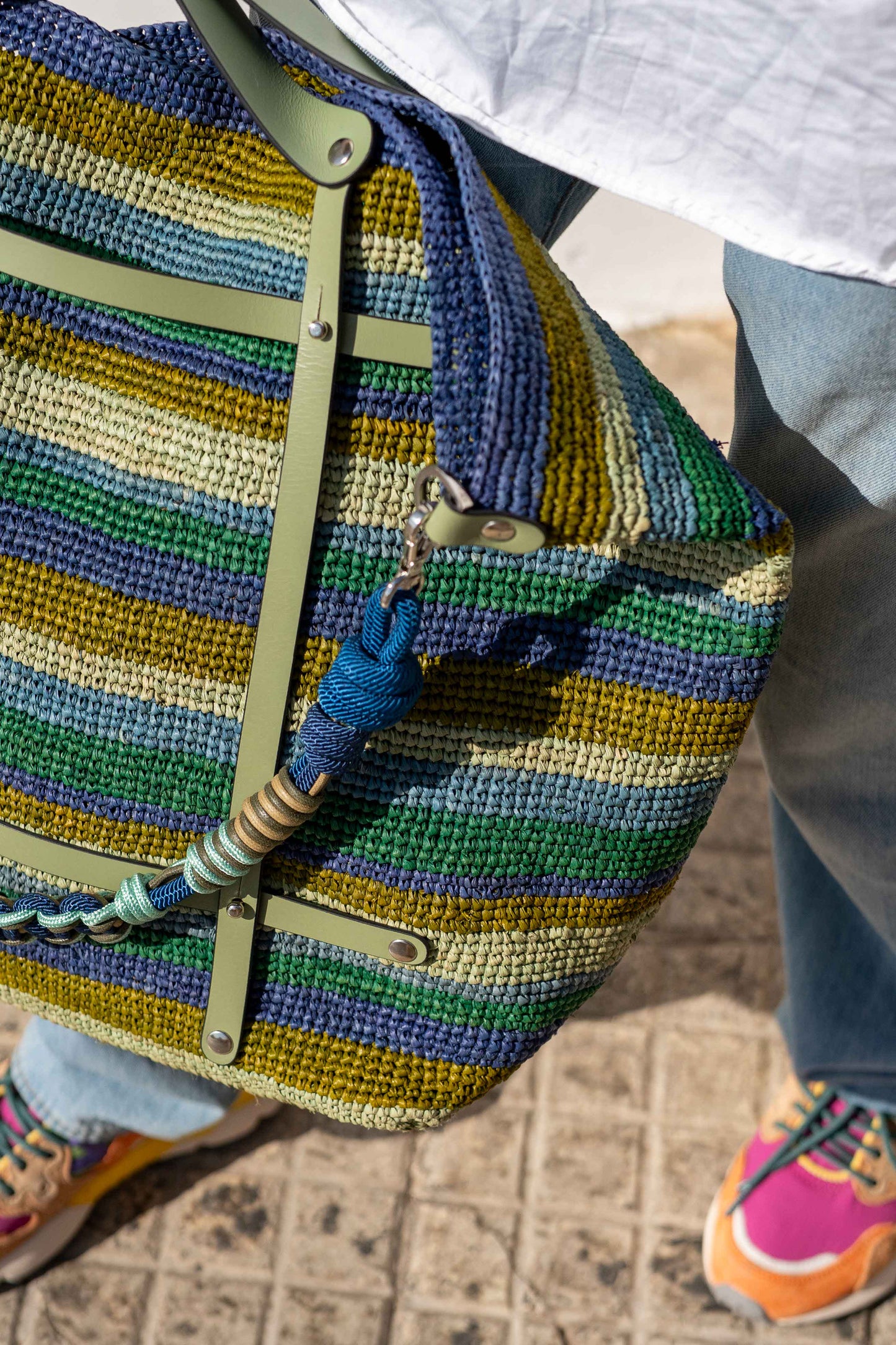 Sac - Sac CANDIDE TD Blu en raphia avec bandoulière en coton multicolore
