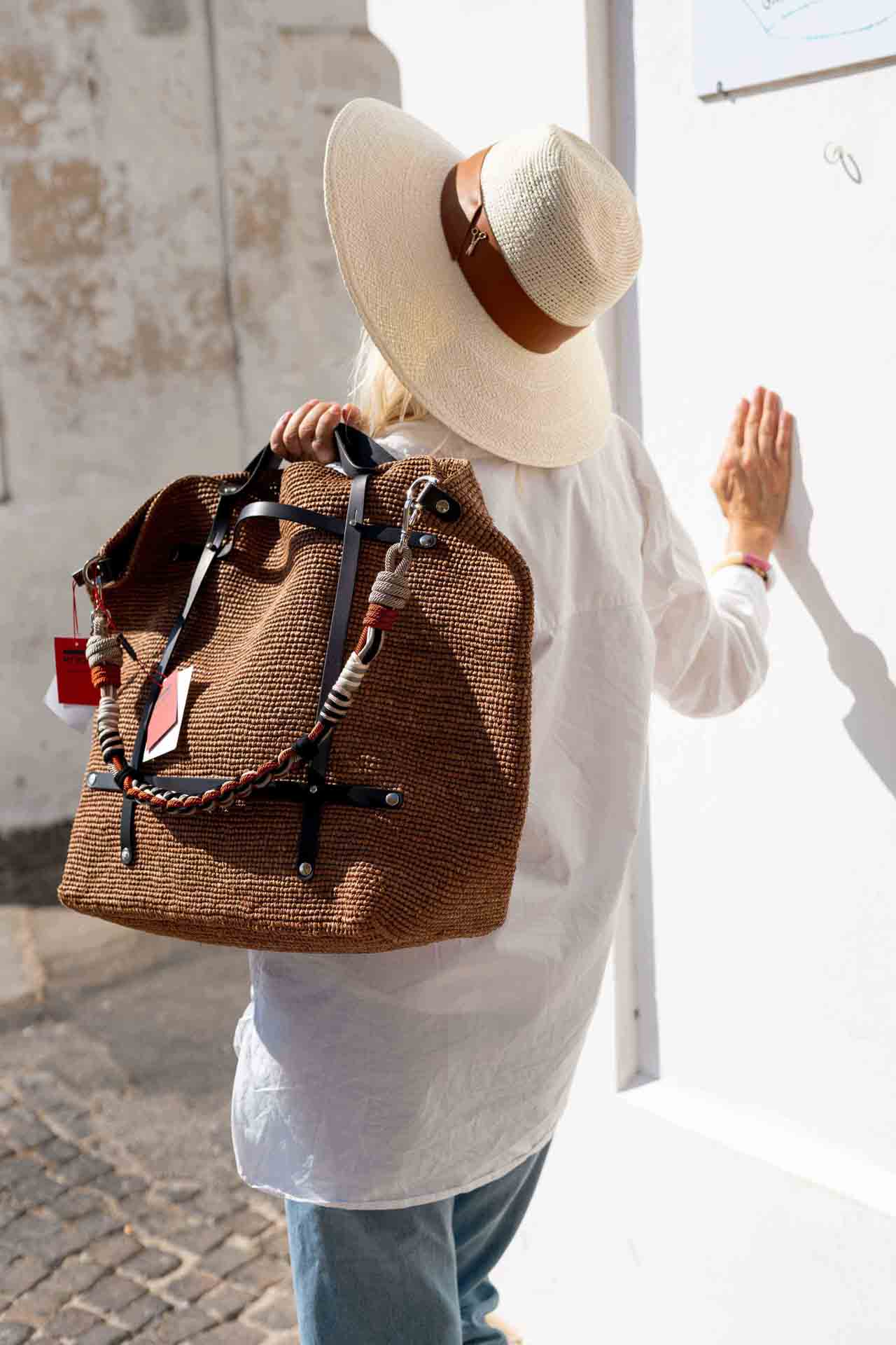 Sac - CANDIDE Sac en raphia marron avec bandoulière en coton multicolore