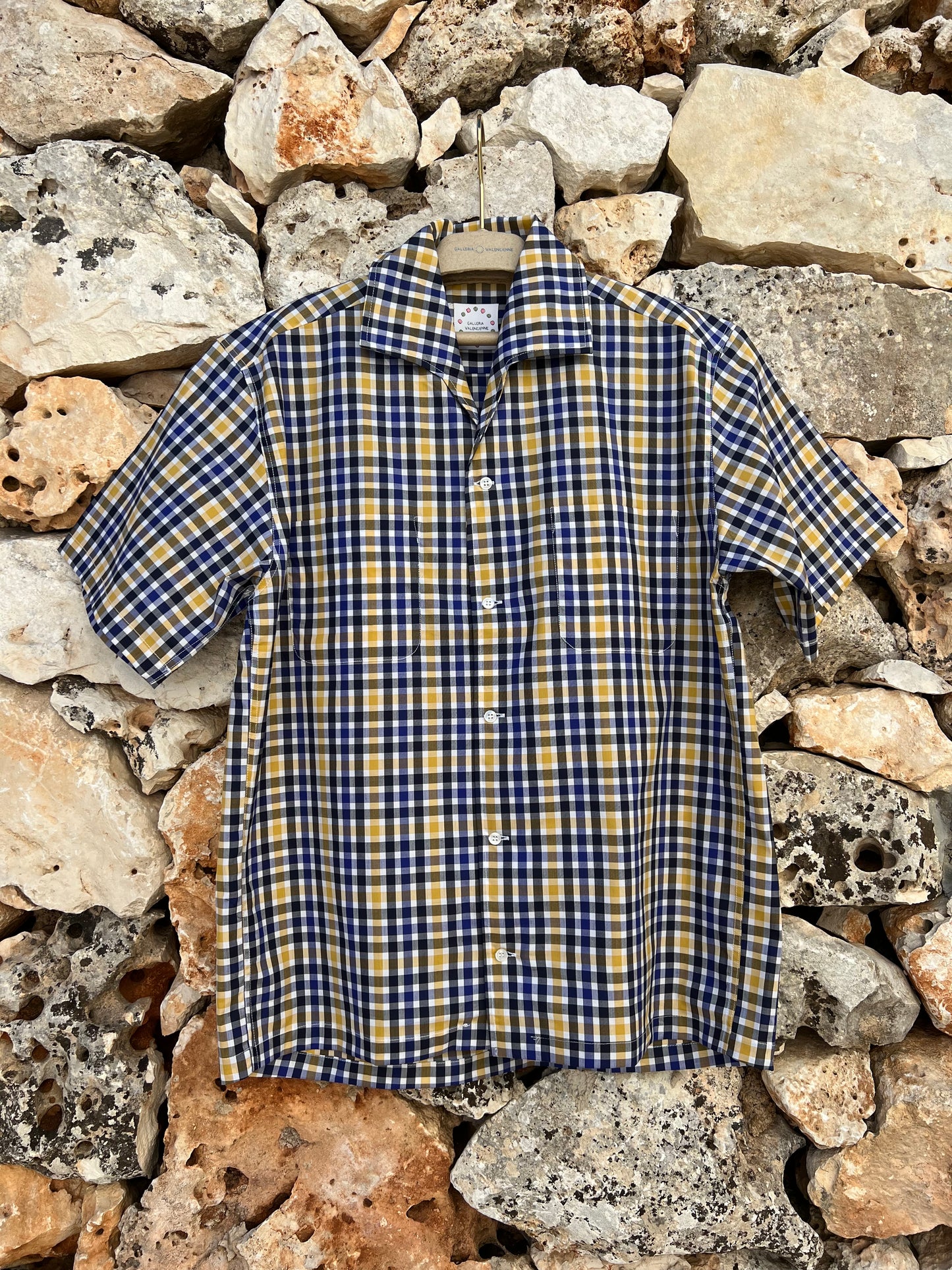 Shirt Men - Checked Blue and yellow short-Sleeve-Shirt