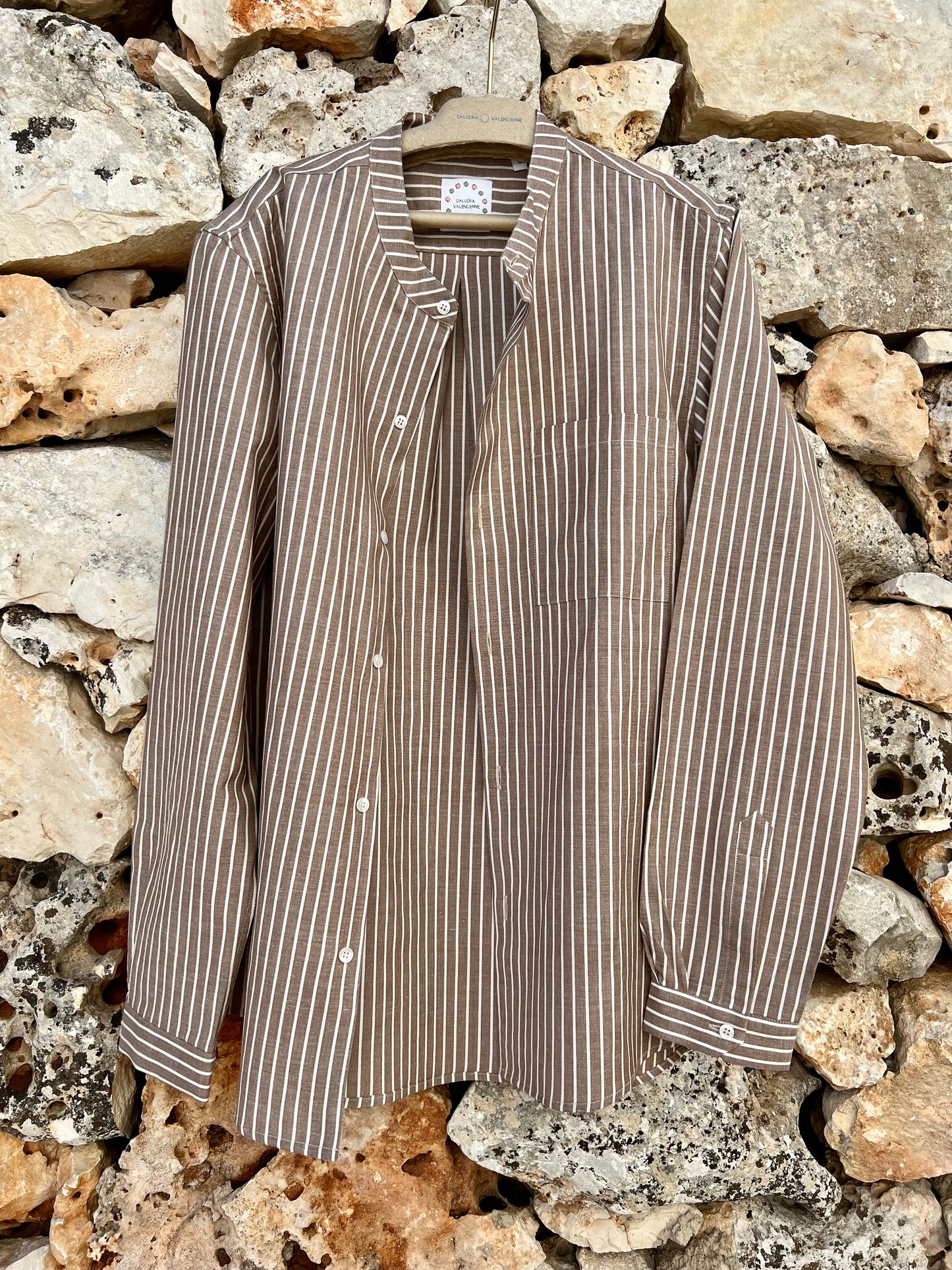 Shirt Men - Mao Collar Stripe White and cafe