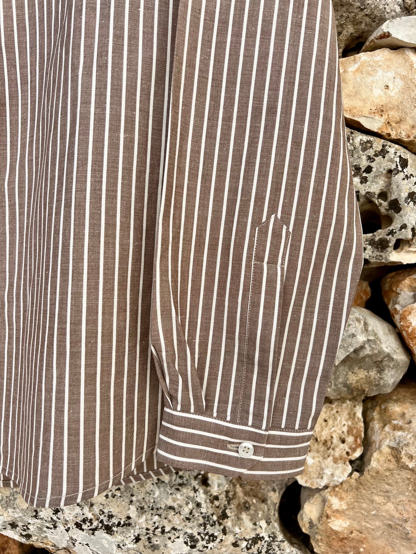 Shirt Men - Mao Collar Stripe White and cafe