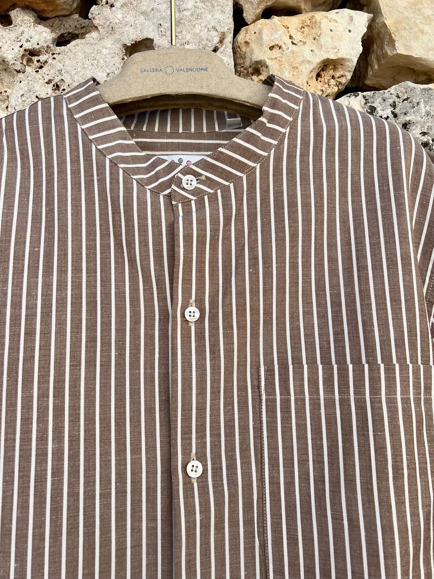 Shirt Men - Mao Collar Stripe White and cafe