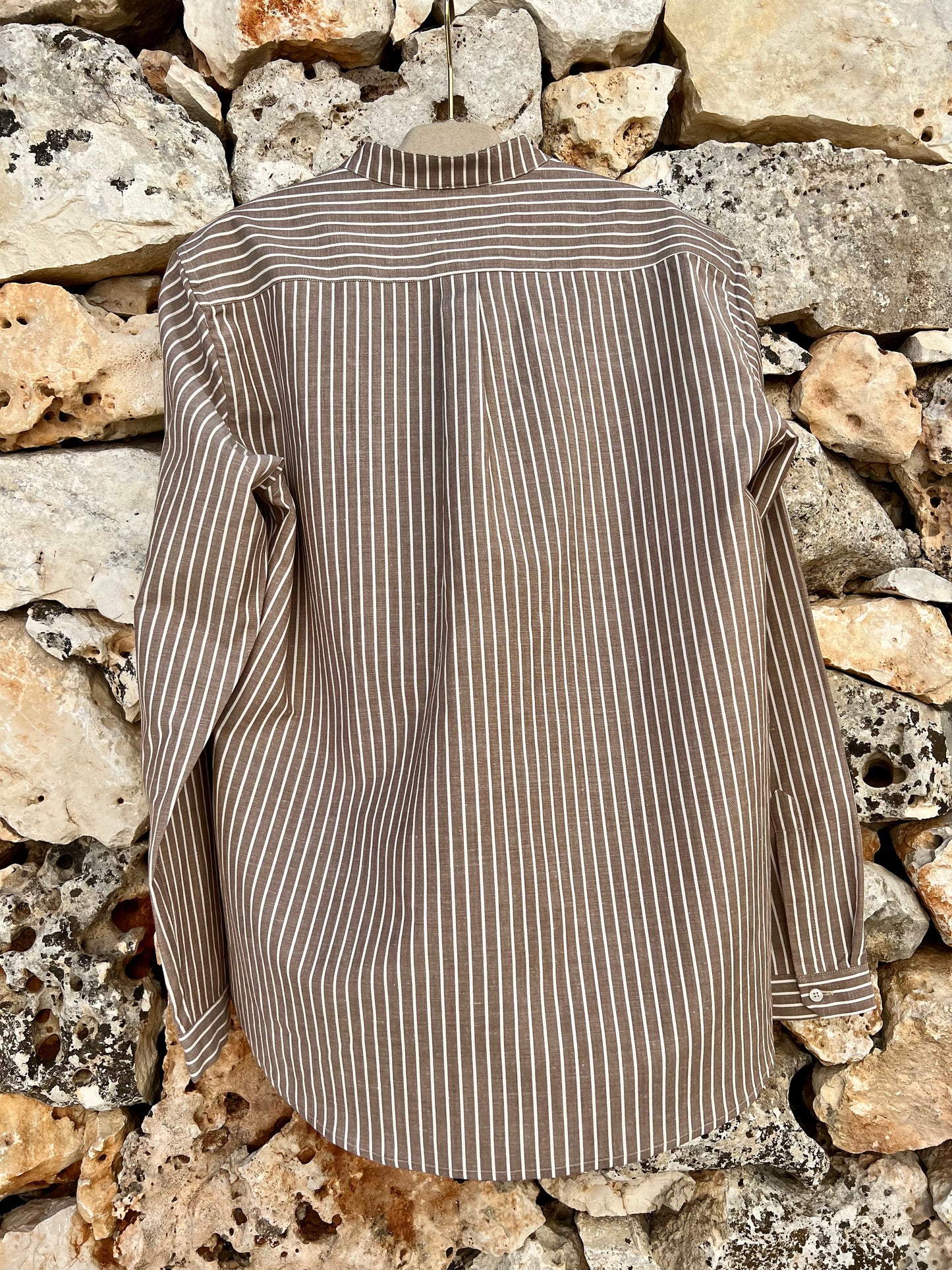 Shirt Men - Mao Collar Stripe White and cafe