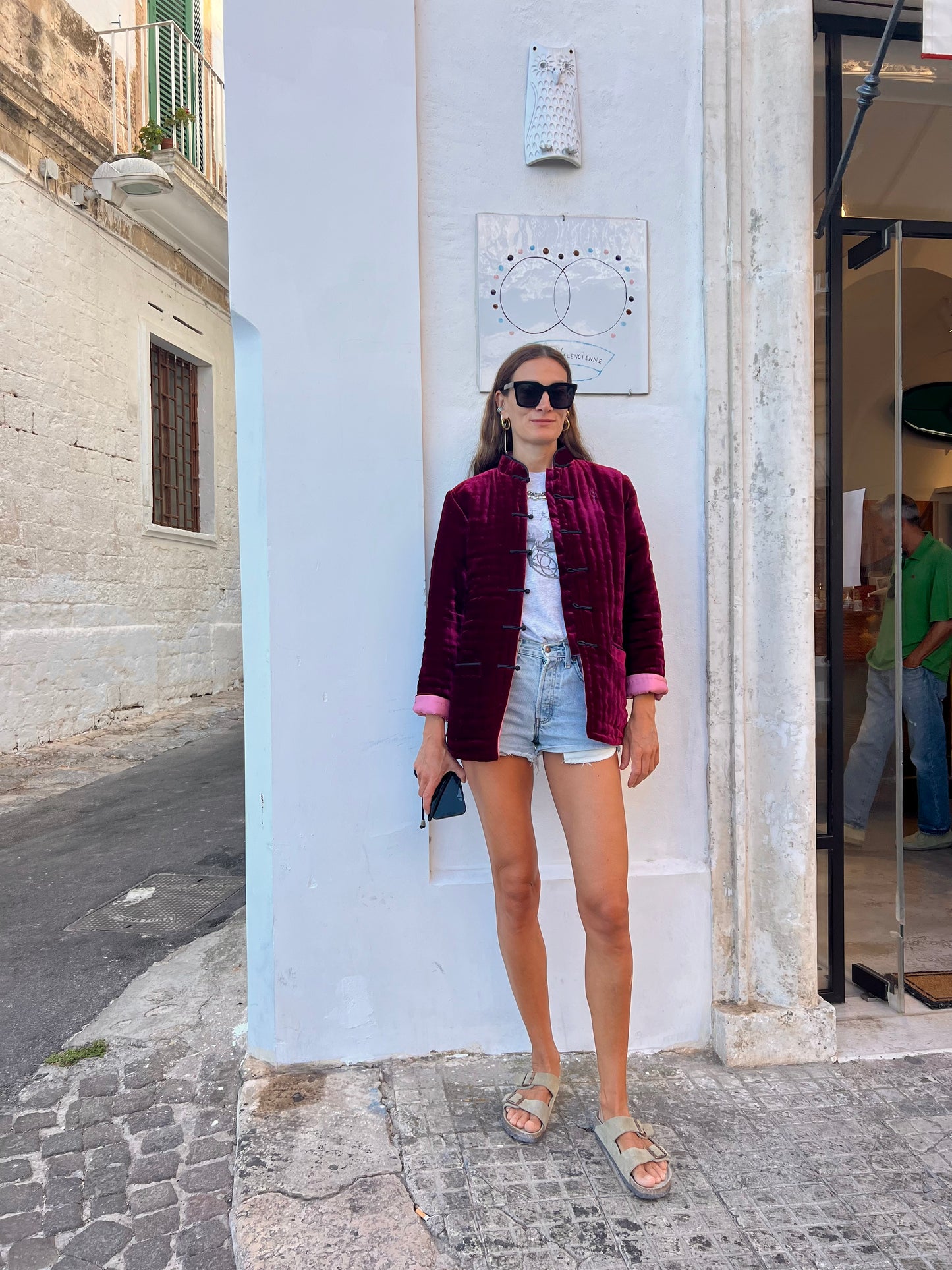 Veste Femme - Veste en velours de soie fraise/rose clair avec broderie à la main