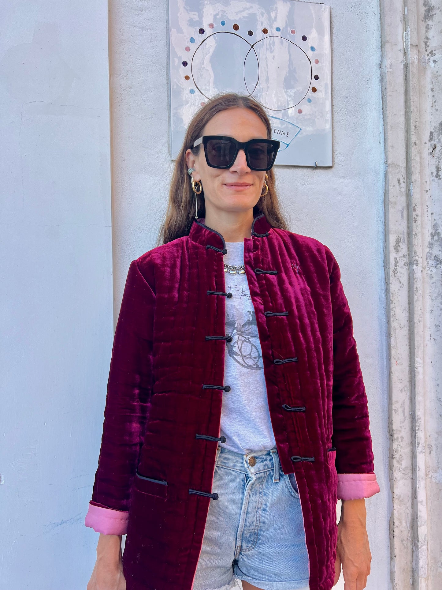 Veste Femme - Veste en velours de soie fraise/rose clair avec broderie à la main