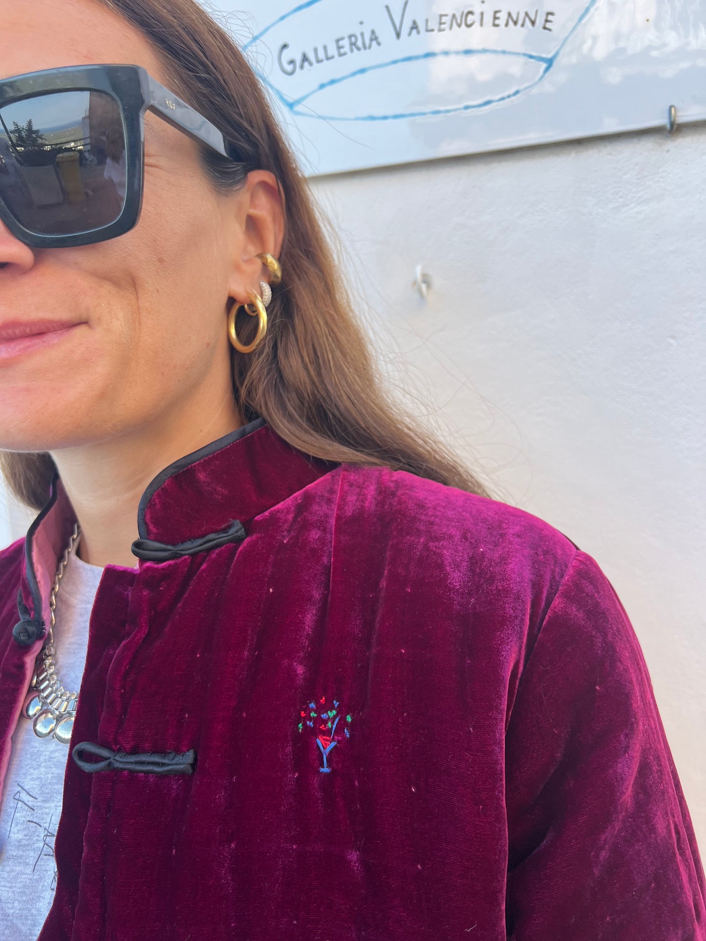 Veste Femme - Veste en velours de soie fraise/rose clair avec broderie à la main