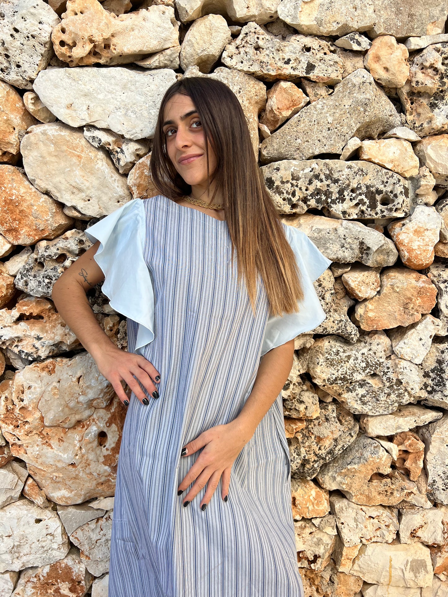 Dress - FARFALLE - Blue & Grey Stripe