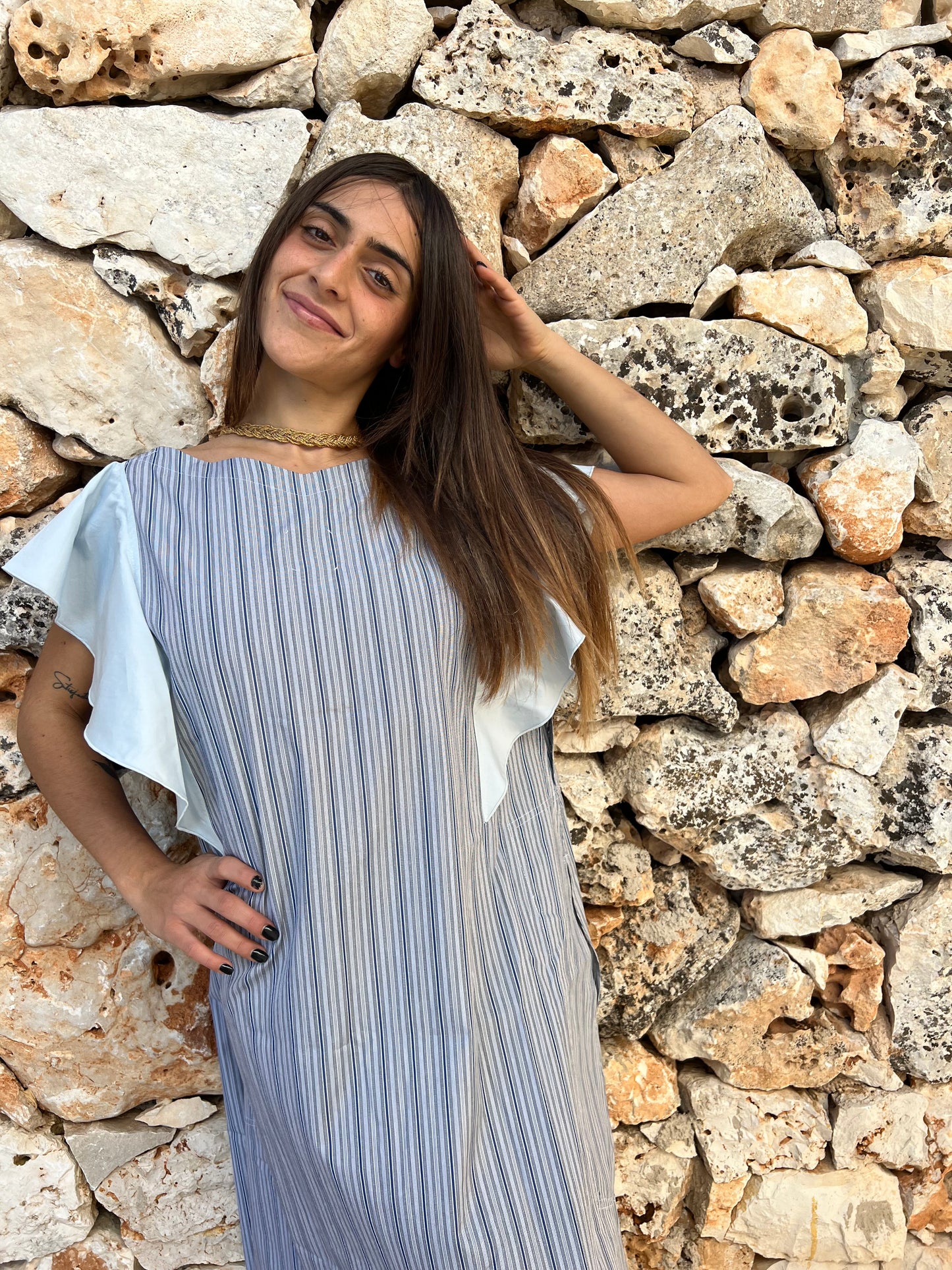 Dress - FARFALLE - Blue & Grey Stripe