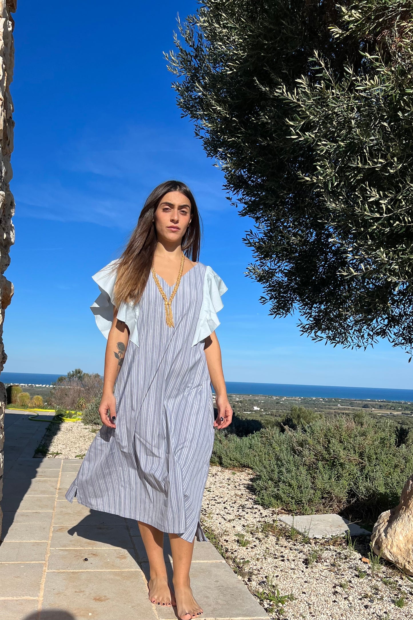 Dress - FARFALLE - Blue & Grey Stripe
