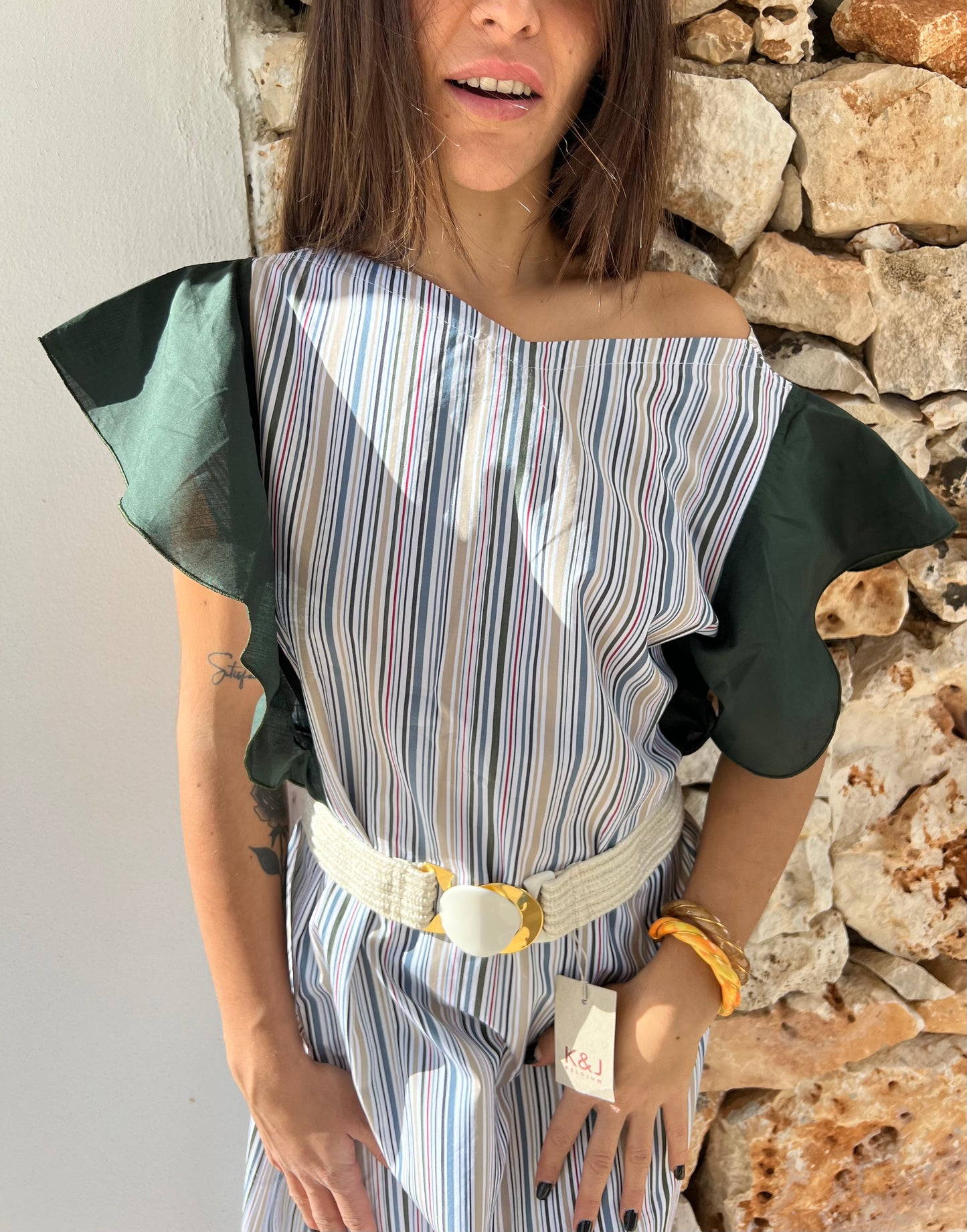 Dress - FARFALLE - Green & Multicolor Stripes