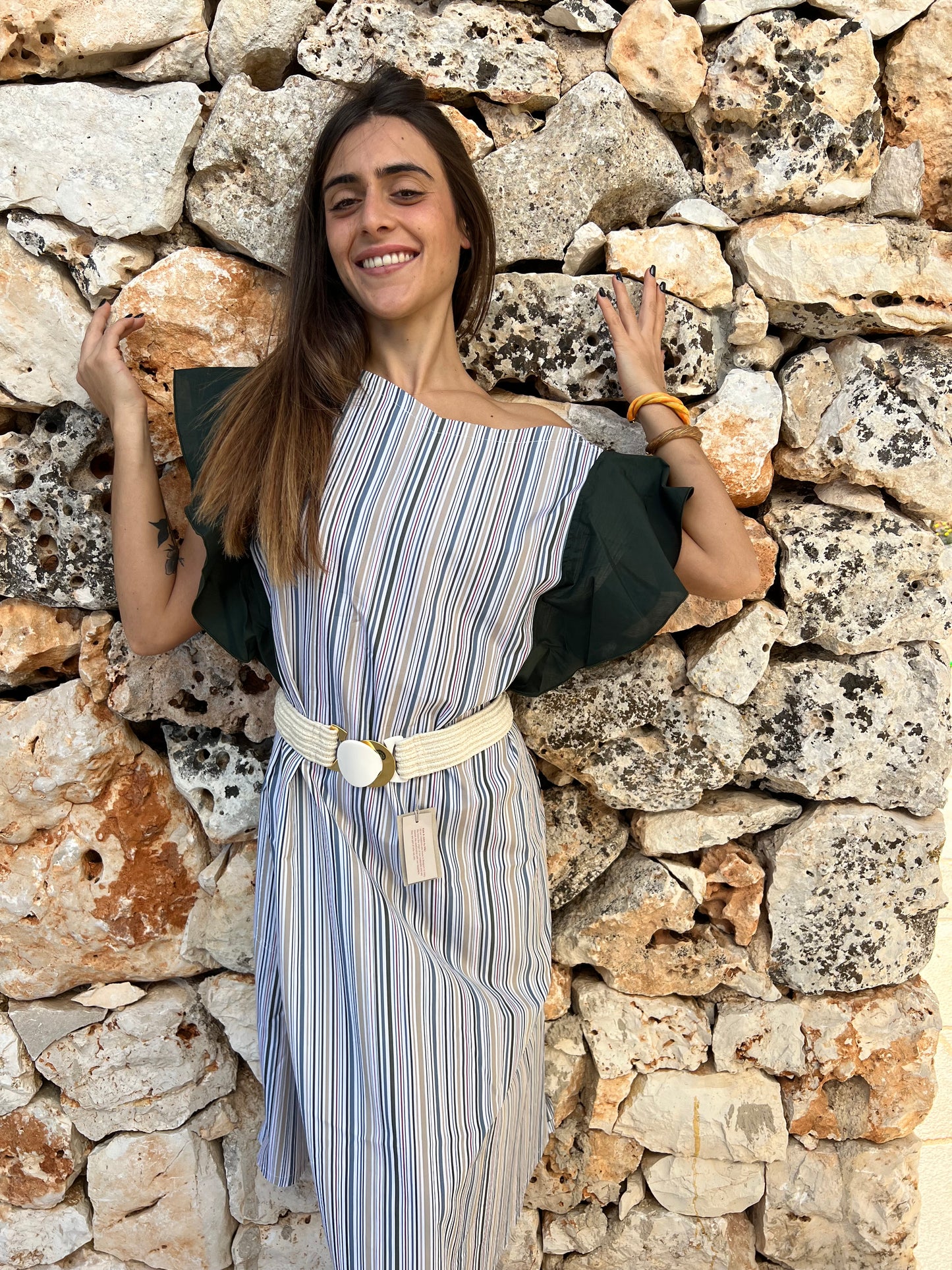 Dress - FARFALLE - Green & Multicolor Stripes