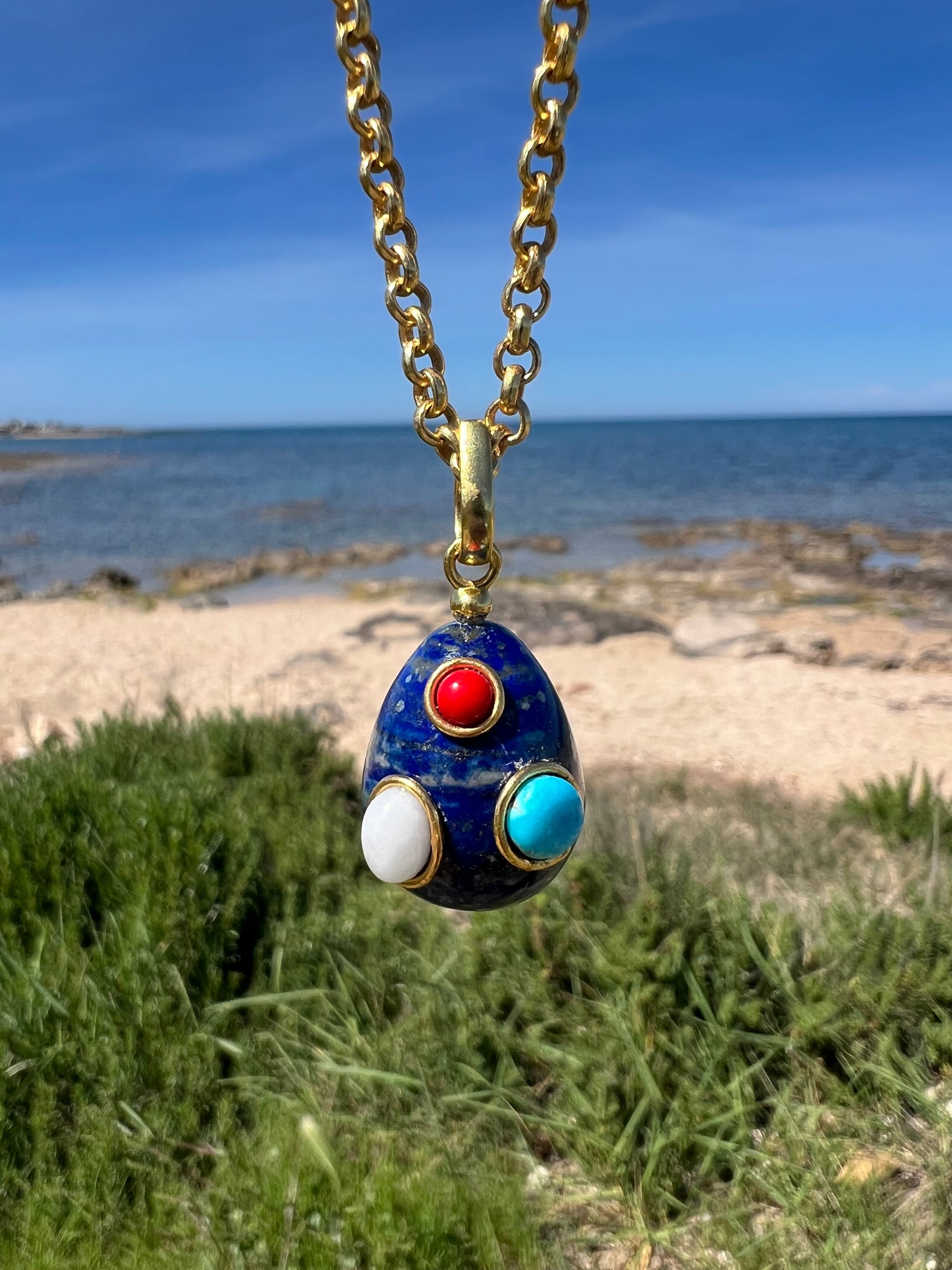 Necklace- Lapis Lazuli Egg with Turquoise, white Quartz and Coral