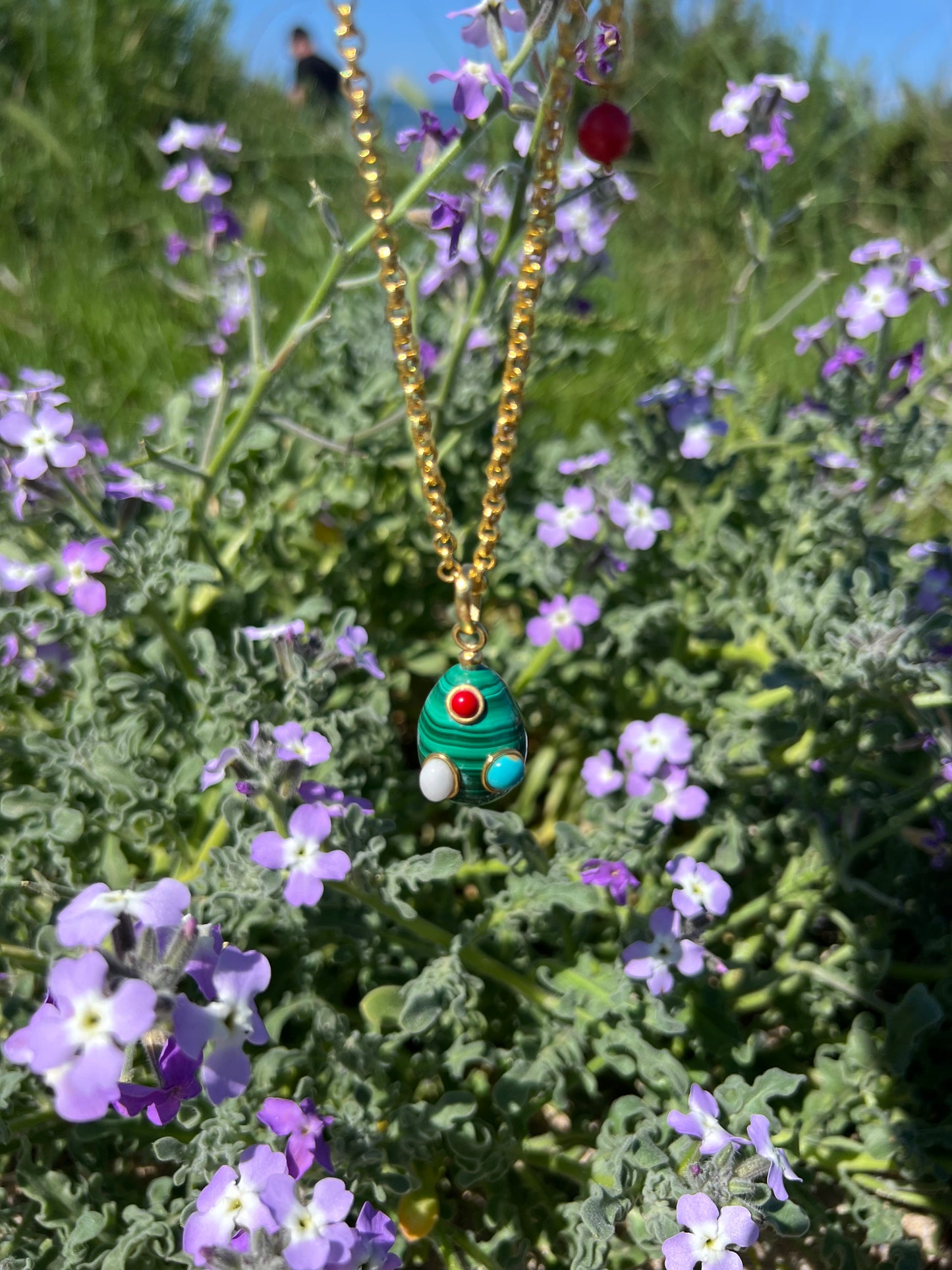 Necklace- Malachite Quartz Egg with Turquoise Quartz and Coral