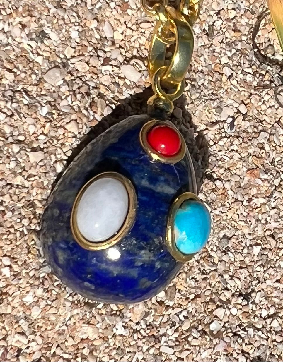Necklace- Lapis Lazuli Egg with Turquoise, white Quartz and Coral