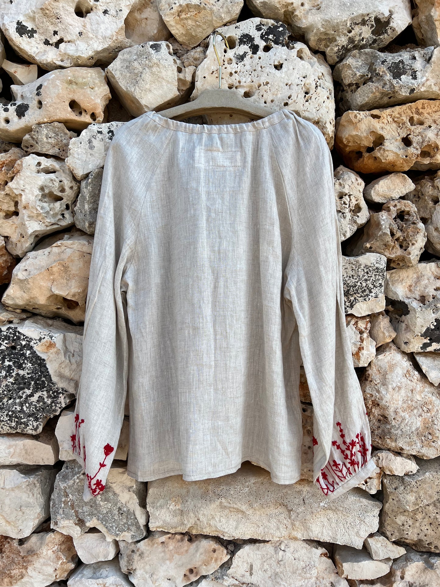 Shirt - Linen blouse red embroidered