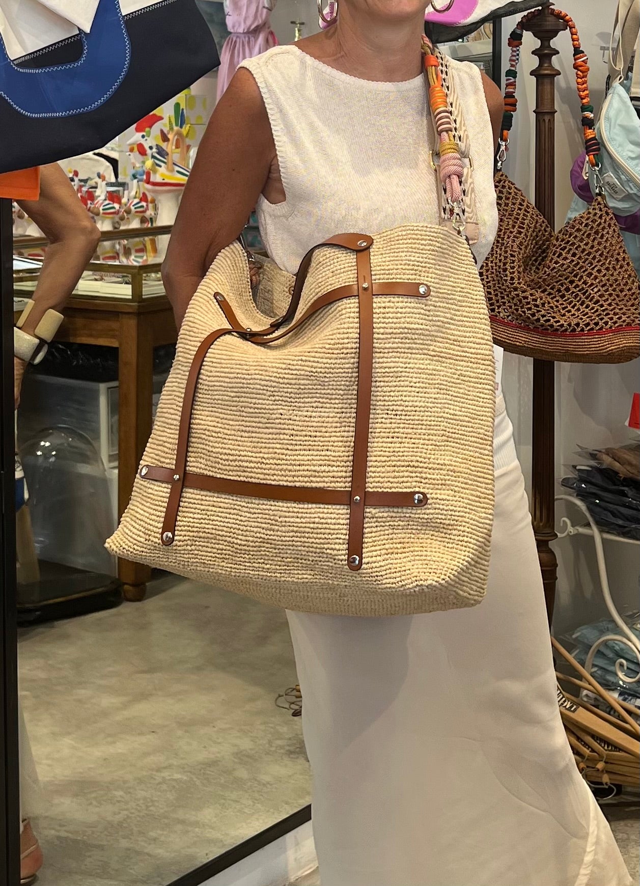 Bag - CANDIDE Natural Raffia Bag With Multicolor Cotton Strap