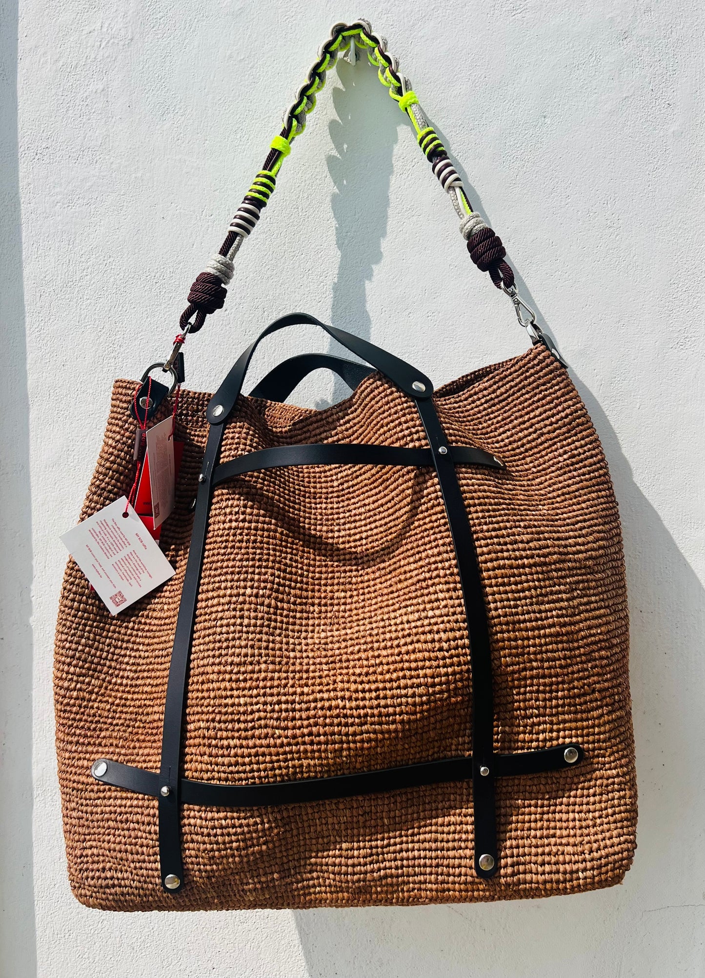 Borsa - Borsa CANDIDE in rafia marrone con cinturino in cotone multicolore
