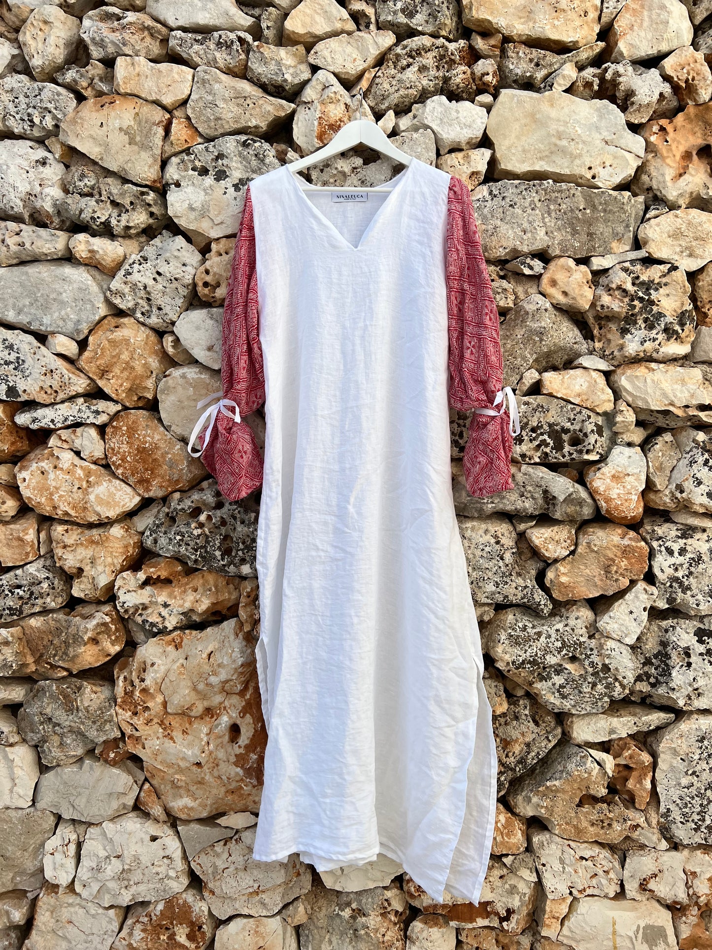 Dress - White linen and old red Italian fabric