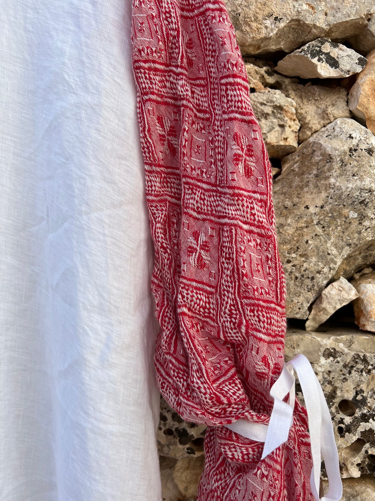 Dress - White linen and old red Italian fabric