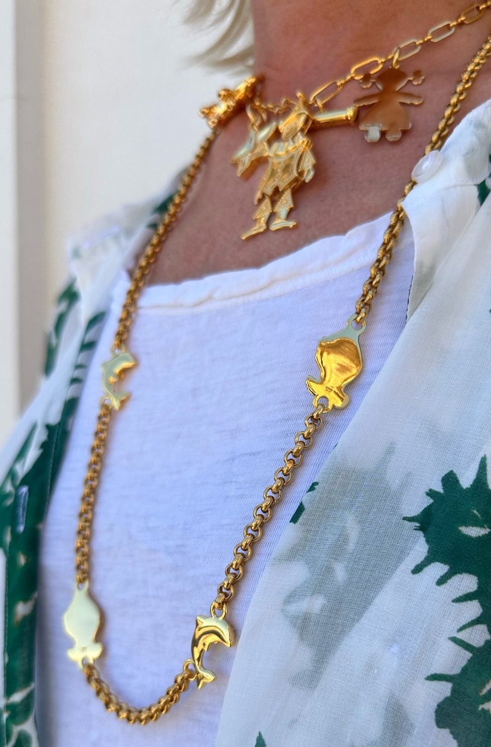 Necklace - Gold long chain necklace charms fish