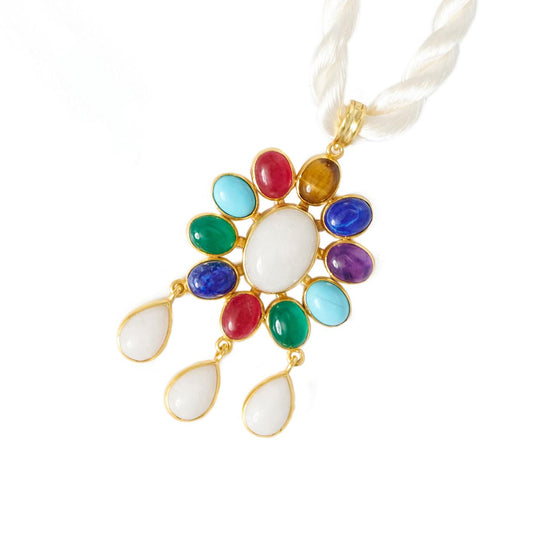 Collana - Ciondolo Flower Power con pietra di quarzo bianco e pietre Tutti Frutti