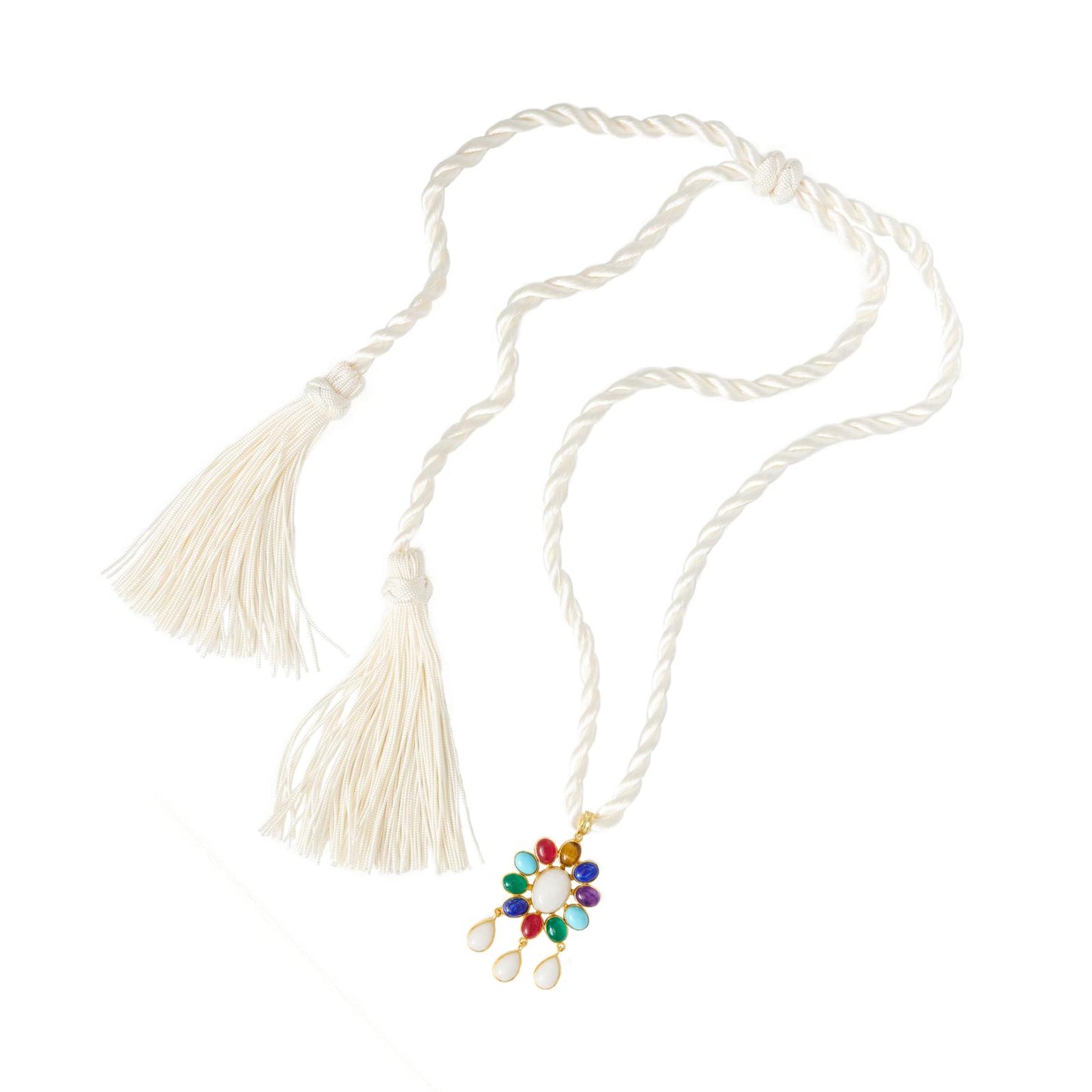 Collier - Pendentif Flower Power avec pierre de quartz blanc et pierres Tutti Frutti