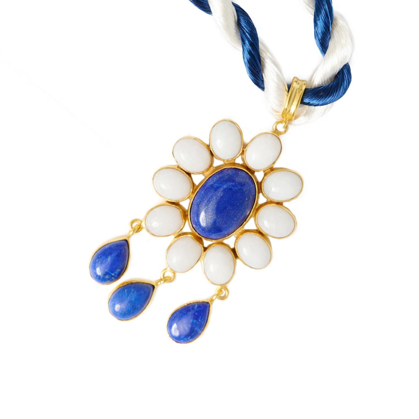 Necklace- Flower Power pendant with Lapis lazuli and White Quartz Stones