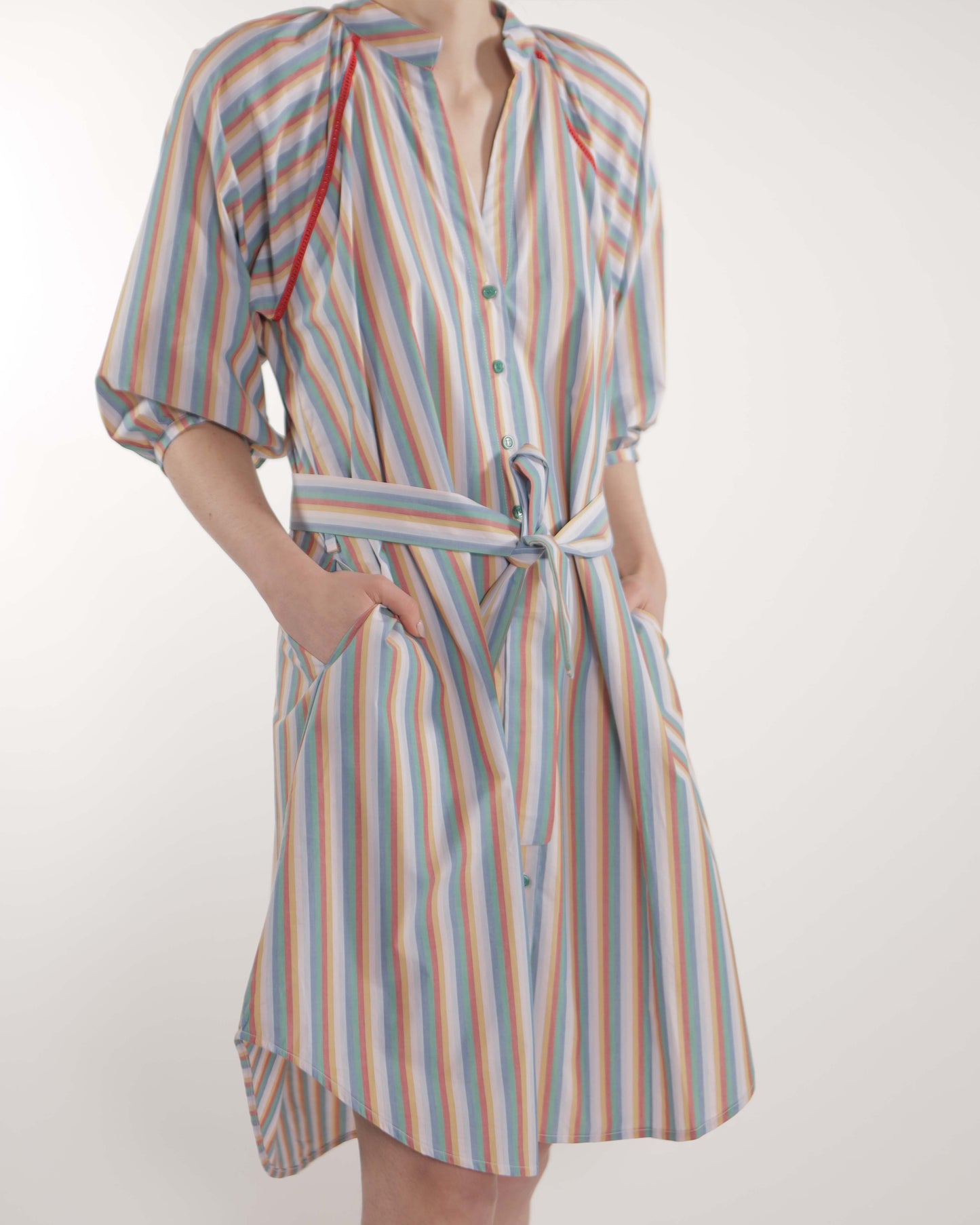 Vestito - Simonetta Multicolore a Righe con Pizzo a Scala Rosso