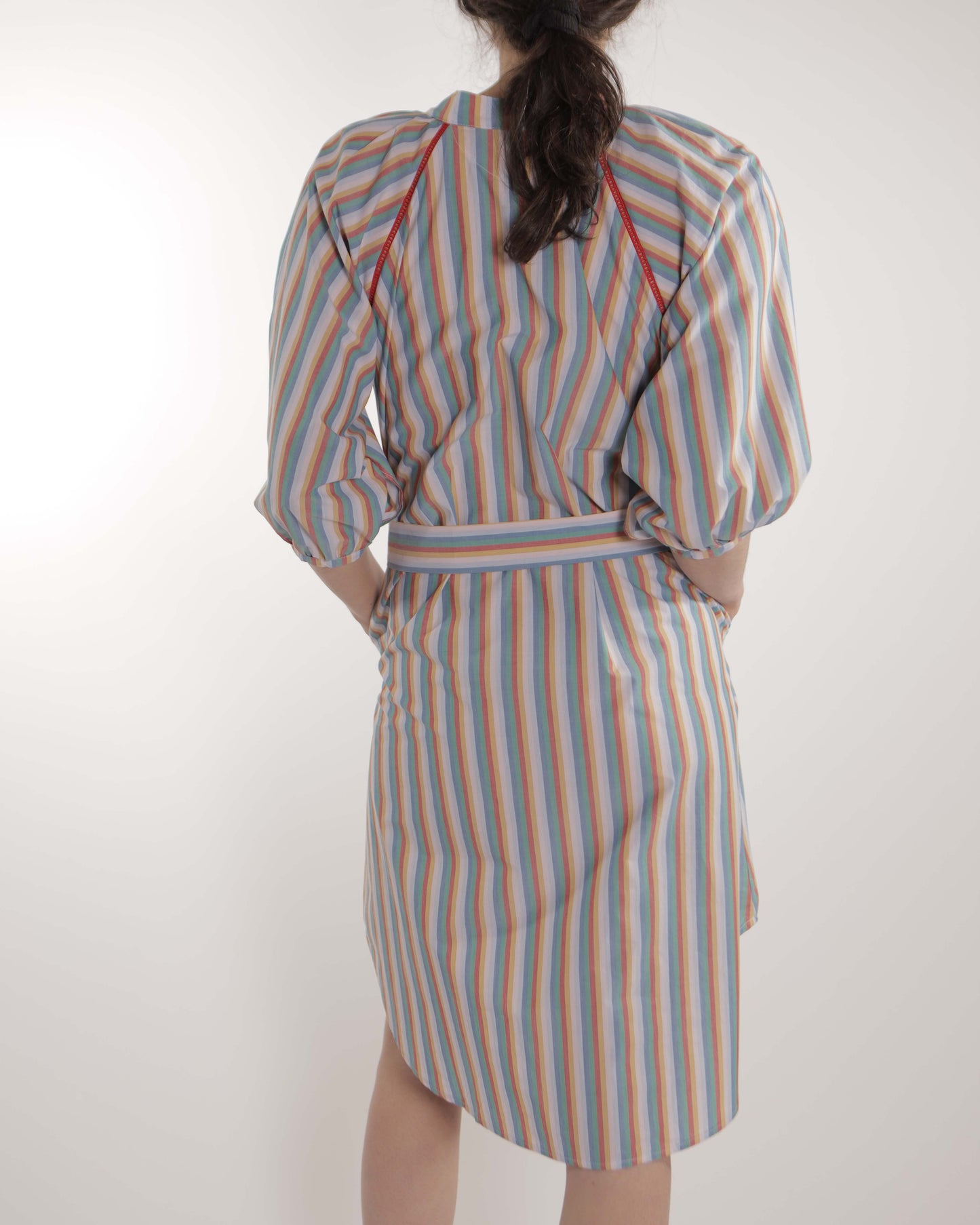 Vestito - Simonetta Multicolore a Righe con Pizzo a Scala Rosso