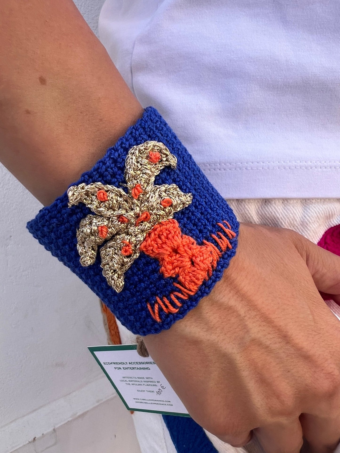 Bracelet - Cotton Cuff bracelet Palm Blue