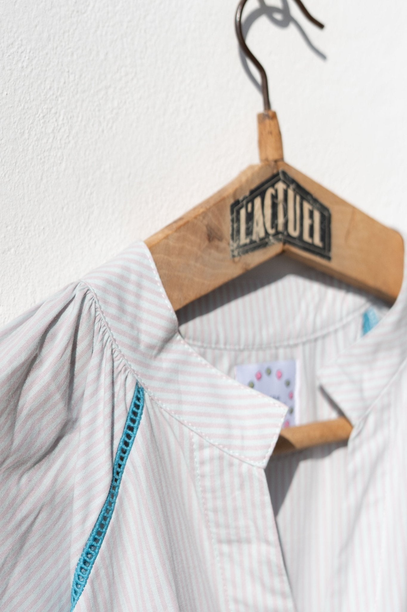 Dress - Simonetta Terracotta light Grey Stripes With Ladder Lace Turquoise Blue TU