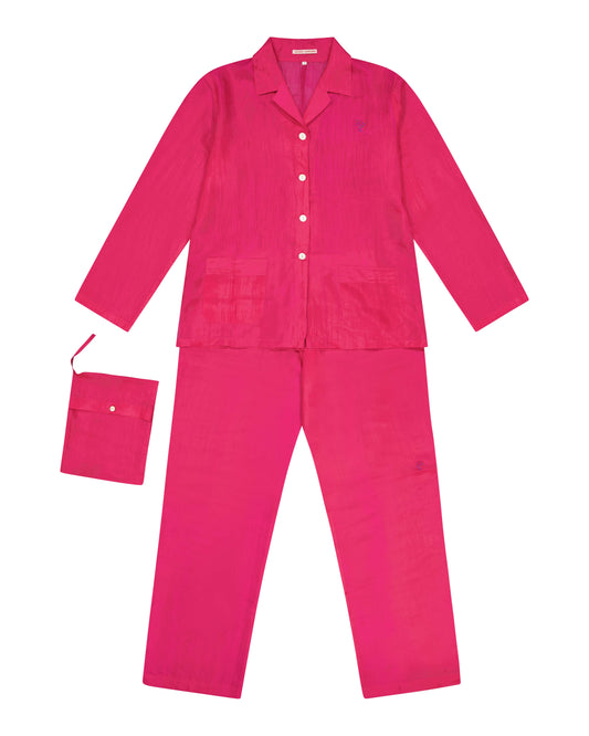 Pajamas Women - Silk pajama Fuchsia hand embroidered