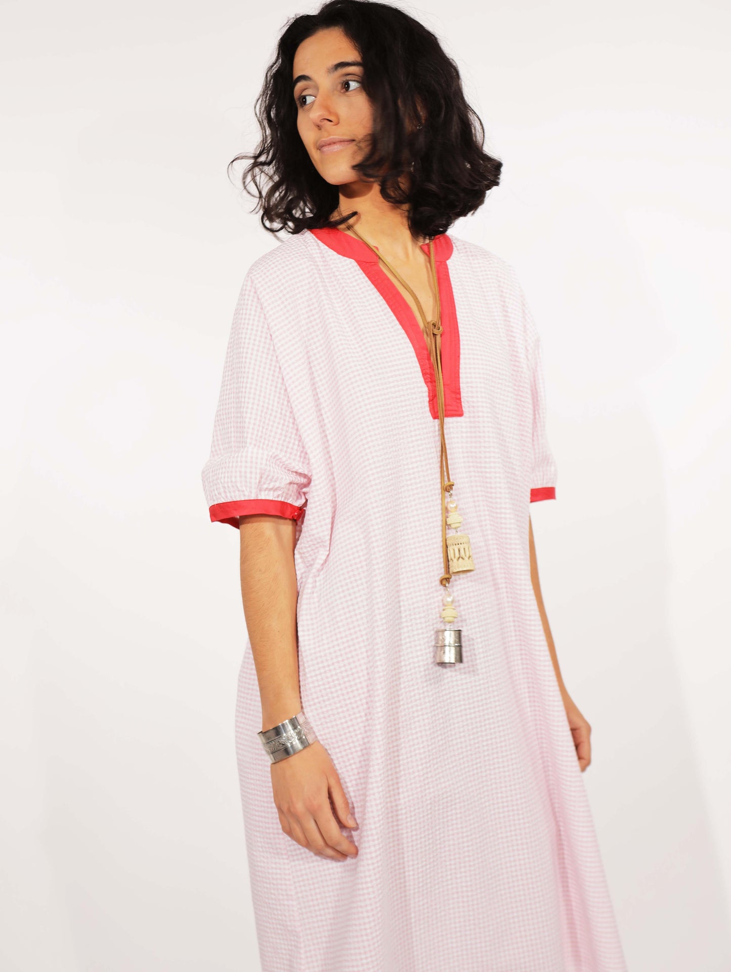 Dress - Romy Pink Gingham Dress With Lace And Red Armholes