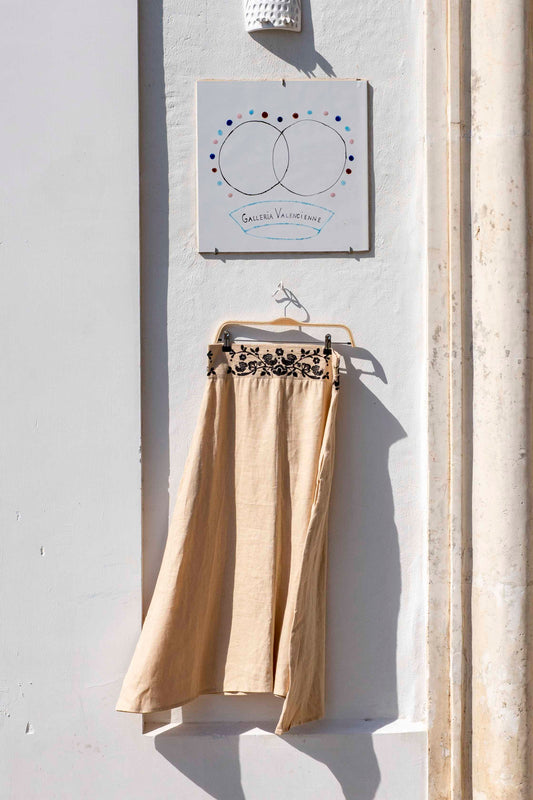 Jupe - CALIOPE Beige avec Ceinture Broderie Noire