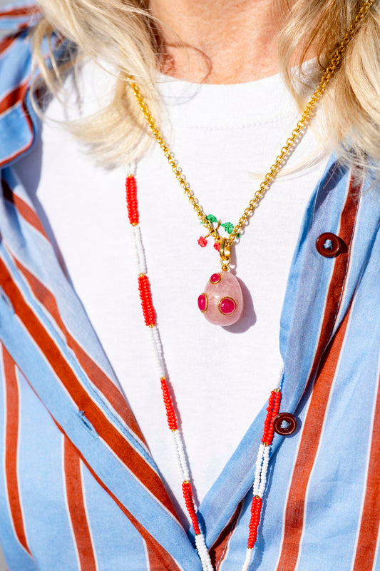 Necklace- Rose Quartz Egg with Turquoise, Pink Quartz