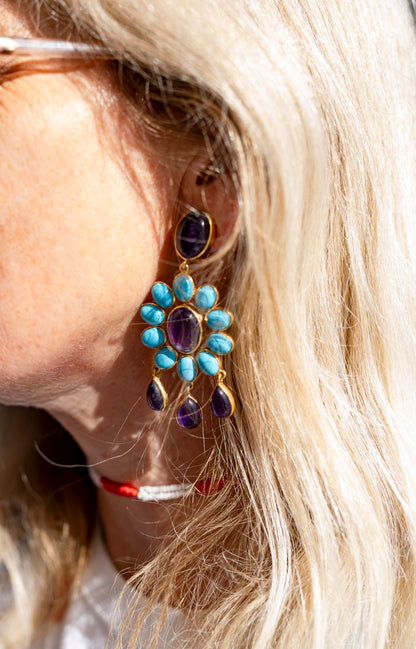 Boucles d'oreilles - Boucles d'oreilles clip Fleur Power en améthyste et turquoises en céramique