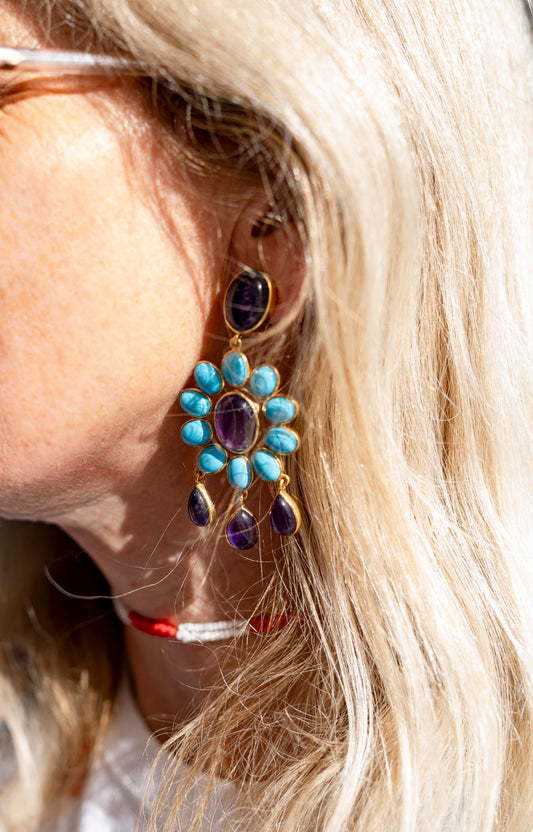 Earrings - Flower Power Amethyst and Ceramic Turquoises Clip Earrings