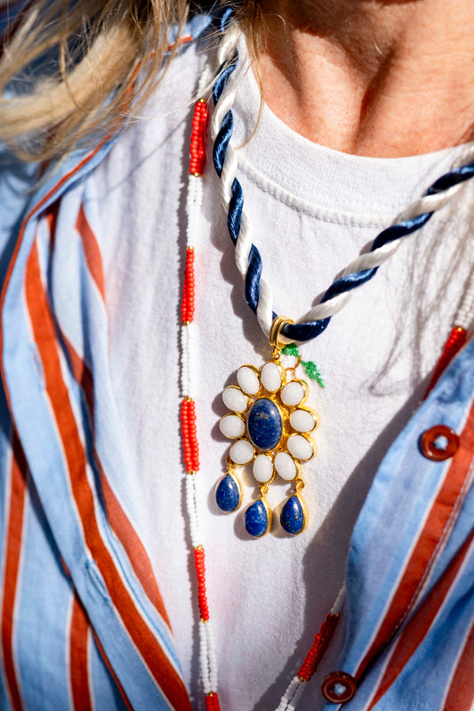 Necklace- Flower Power pendant with Lapis lazuli and White Quartz Stones
