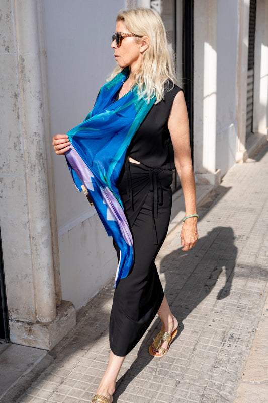 Scarf - Silk Scarf Blue Flower