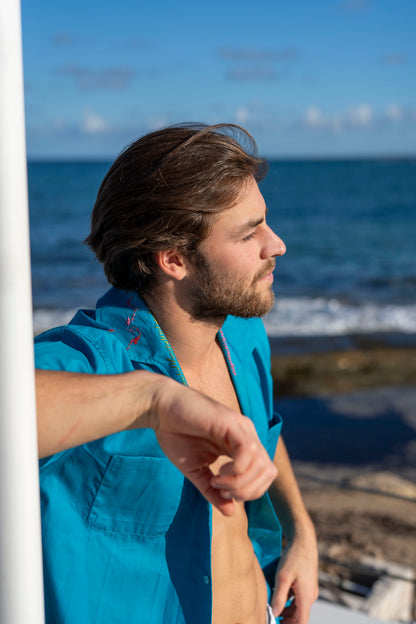 Shirt Men - Embroidered Royal Turquoise Blue
