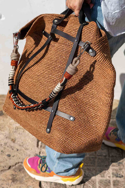 Sac - CANDIDE Sac en raphia marron avec bandoulière en coton multicolore