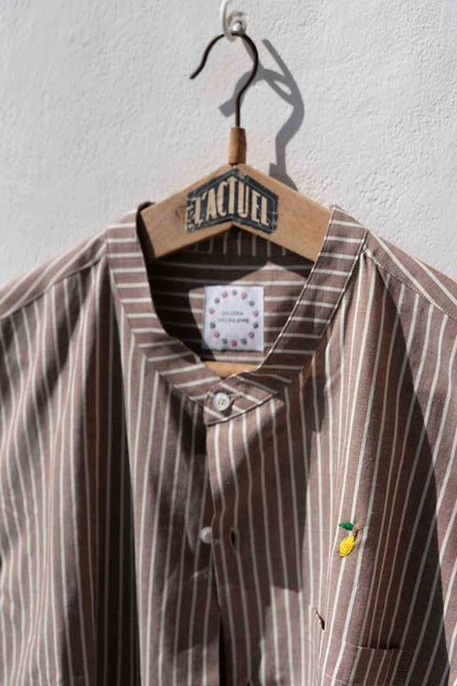 Camicia Uomo - Collo Mao a Righe Bianco e caffè