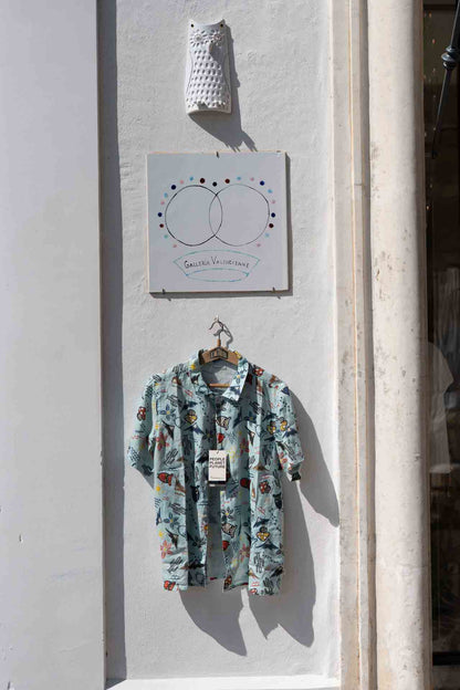 Chemise Femme - Chemise en lin à manches imprimée Chouette Aqua Cactus