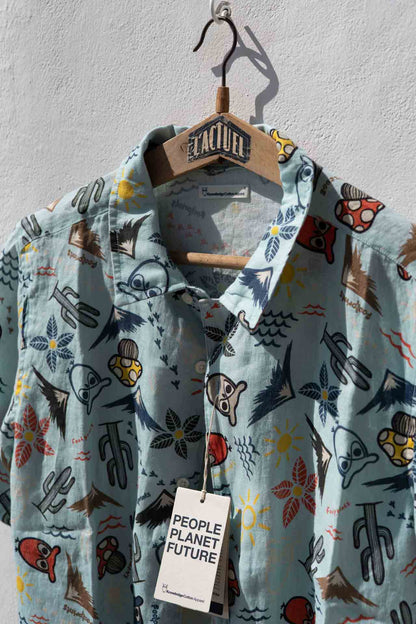 Chemise Femme - Chemise en lin à manches imprimée Chouette Aqua Cactus